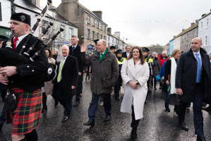 HSH Prince Albert II of Monaco walks through Newport accompanied by members of the Kelly family and the Newport Business Association, which commissioned the statue of Princess Grace as part of its ongoing initiative to celebrate Newport as “The Town of the Two Graces” - Grainne Uaile (the pirate Queen) from the 16th century and Grace Kelly from the 20th century, who both have such strong links with the town. The Kelly family is from Drimurla, just outside the town. 