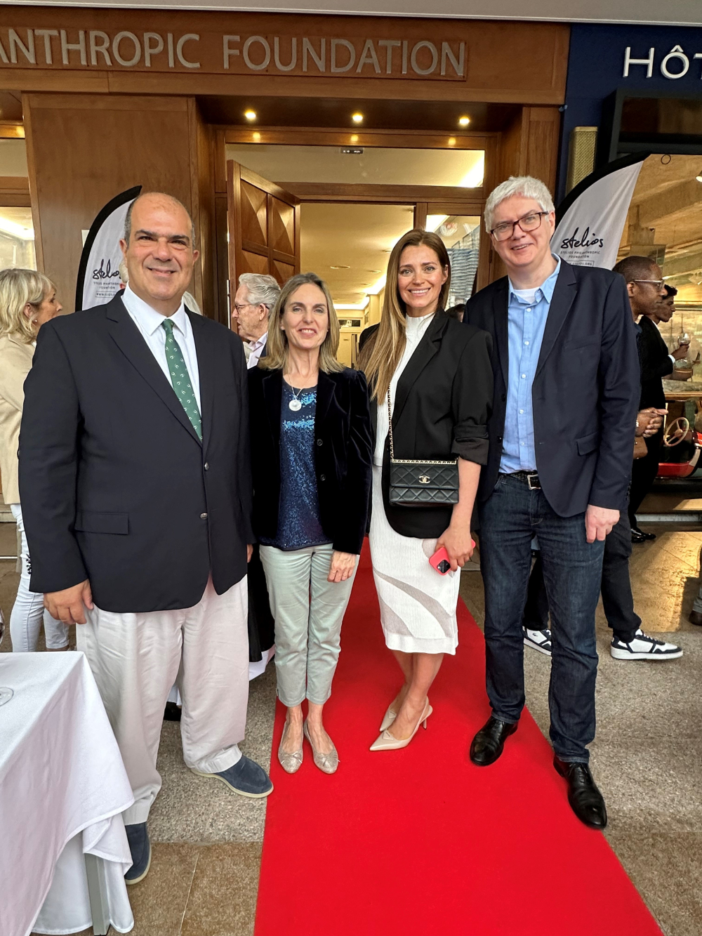14 May 2024 (left to right) Sir Stelios who hosted the event at his Philanthropic Foundation venue, Paula Farquharson, Princess Grace Irish Library Director, Oxana Popkova Executive Producer of the film and Carlow man Frank Mannion Film Director at the Monaco premiere of his film Quintessentially Irish