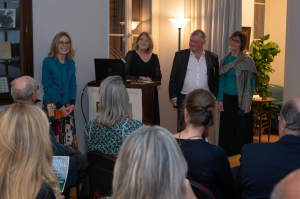 (From left) Director of the library Paula Farquharson thanks the audience, including HRH Princess of Hanover, for attending the St Patrick's Day concert and talk by Flor MacCarthy, The Ireland Funds Monaco Writer-in-Residence. Flor's talk was interspersed with dramatic readings of letters by actors from the Monaco-Ireland Arts Society, Nick O'Conor and Miranda Dawe.  © Michael Alesi / Palais princier